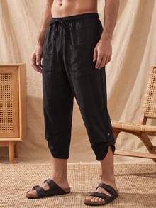 glestore Men's Retro-Style 100% Cotton Solid-Color Drawstring Harem Pants-Versatile For Commuting And Vacations, Perfect For Everyday Wear - Black - View 3
