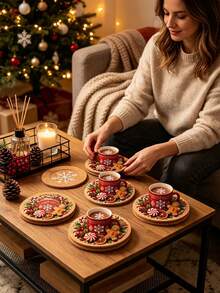 12/6pcs Set Christmas Gingerbread Man Theme Wooden Coaster Set - Christmas Gingerbread Man Design, Perfect For Home, Office, Cafe Or Tea Room Decoration And Holiday Table Setting | Holiday Coasters | Wooden Coasters, Desktop Protection Pads, Perfect Gift Choice, Home Bar Essential, Christmas Table Decor - View 5