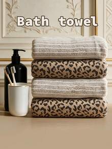 4PCS|Leopard Print + Striped Bath Towel Set, Coral Fleece Fabric, Soft & Skin-Friendly, Absorbent, Luxury Home Decor, Suitable For Bathroom Decoration, Travel Gift - Multicolor - View 1