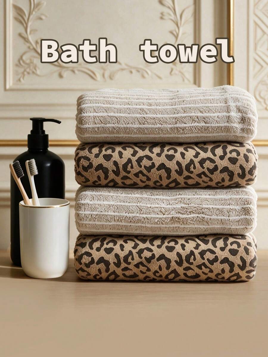 4PCS|Leopard Print + Striped Bath Towel Set, Coral Fleece Fabric, Soft & Skin-Friendly, Absorbent, Luxury Home Decor, Suitable For Bathroom Decoration, Travel Gift - Multicolor - View 1