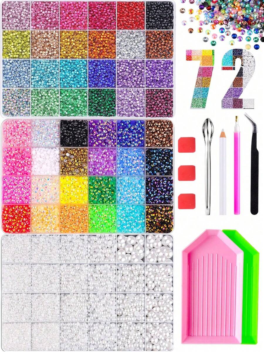 Resin Rhinestone Nail Art Set, Glossy Resin Rhinestones & Round White Pearl Decoration Kit, Includes Tweezers, Pen, Spoon, Tray, DIY Nail Art Tools & Accessories, Suitable For Nail Art Crafts - Multicolor - View 1