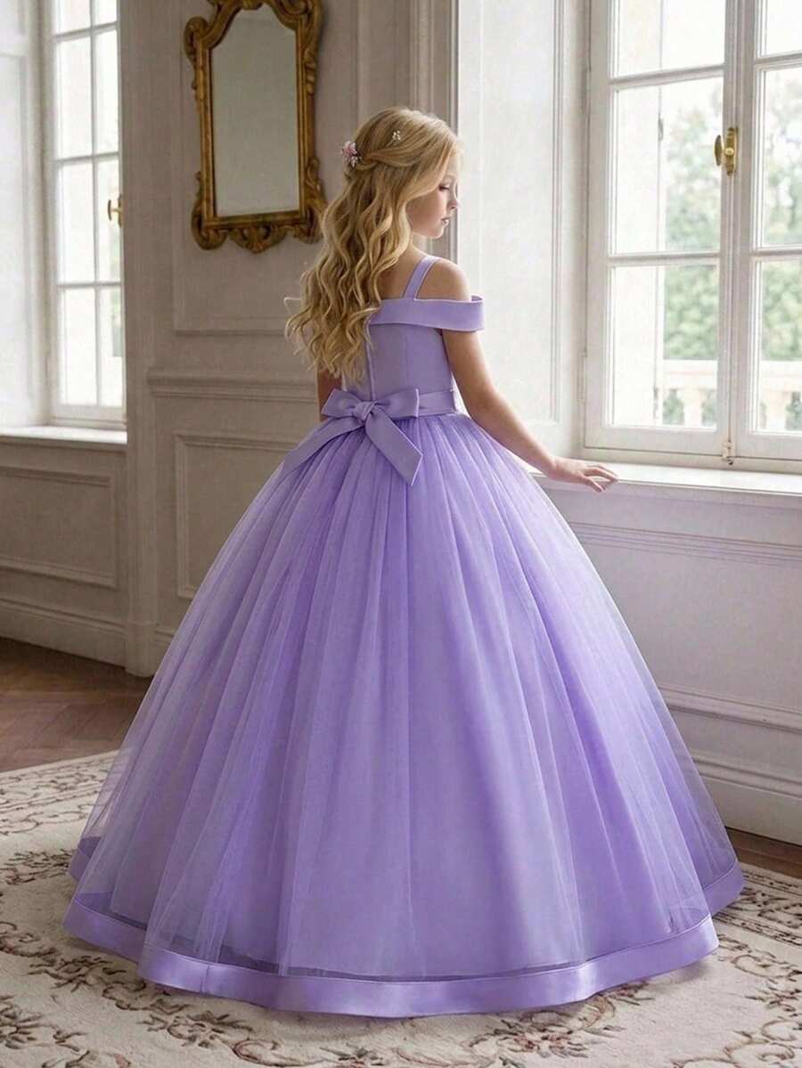 Tween Girls Spaghetti Strap Bow Applique Mesh Tutu Elegant Princess Evening Dress, Suitable For Parties, Headband Not Included - Mauve Purple - View 1