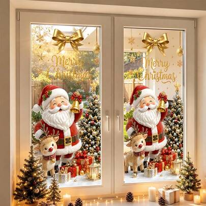 Merry Christmas Santa Snowman Sleigh Static Window Clings, Golden Letter Xmas Gift Glass Stickers, Removable PVC Static Decals, Festive Window Door Decor For Home Shop Holiday Decorations