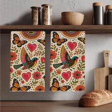 2PCS Kitchen Towels Bohemian Floral Bird Print Microfiber Absorbent Kitchen Towels, 40*60cm Rectangular Dish Cloth, Tablecloth, Hand Towel, Kitchen Decor, Housewarming Gift For Neighbors, Kitchen Napkins And Dish Cloth, Home Decor, Kitchen Bathroom Supplies Home Essentials - Multicolor - View 8