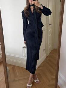 Elegant Minimalist Holiday Party Commute Daily Business Long Sleeve Waist Fitted Suit Matching Midi Skirt Women's Co-Ord Sets, Autumn Fall - Navy Blue - View 4