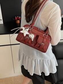 Solid Color Crocodile Embossed Pattern Shoulder Bag, Multi-Pocket Cylindrical Small Body, Easy Storage For Small Items With Zipper Closure, Long Hand-Carry Shoulder Strap With Star And Heart Pendant, Suitable For Commuting, Work, Dating, Shopping And Travel - Burgundy - View 8