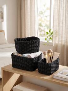 1pc/3pcs Handwoven Paper Rope Storage Basket Set, For Home Organization & Storage, Suitable For Living Room, Bedroom, Cabinet, Office, Home Decoration, Farmhouse Decor (Small + Medium + Large), Shelf Baskets, & Valentine's Day Decoration - Black - View 5
