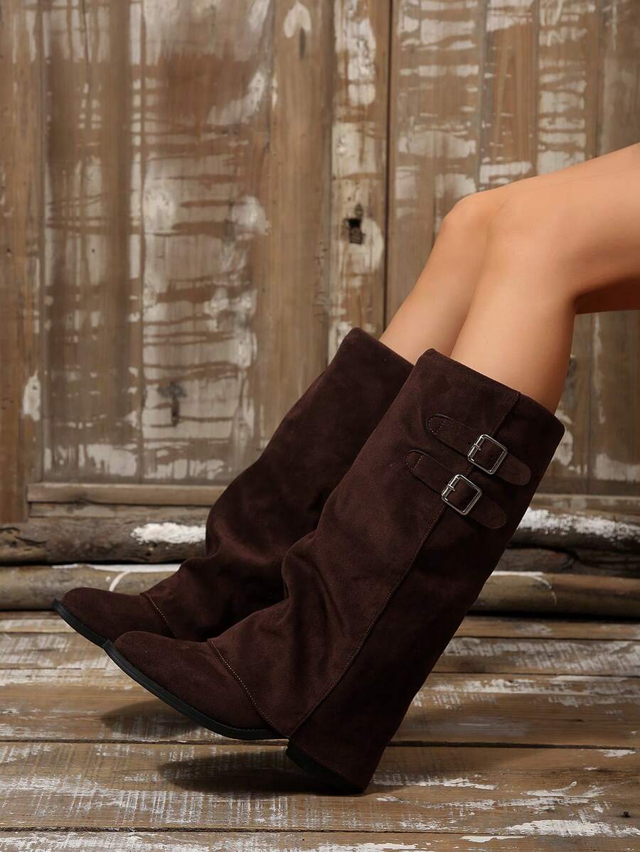 2026 Autumn/Winter New American Hot Girl Punk Style Metal Rivet Belt Buckle Slouch Boots Women Pointed Toe Inner Height Slimming Ruched Wide Leg Fashion Boots - Brown - View 1