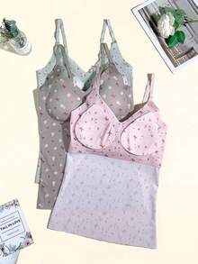 3pcs/Pack Seamless Ditsy Floral Camisole Tank Tops For Women, Elastic Comfortable With Padded Cups, Innerwear & Outerwear - Multicolor - View 10