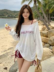 LuminousWealth Women's Casual Long Sleeve Shirt With Drawstring, Summer Beach Top, Vacation Essential - Apricot - View 2