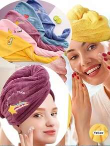1 chiếc khăn lau tóc thêu hình sao trăng dễ thương, khăn quấn tóc turban microfiber thấm hút nhanh, mũ tắm cài nút mềm mại dùng khi tắm và gội đầu - Nhiều màu - Xem 6