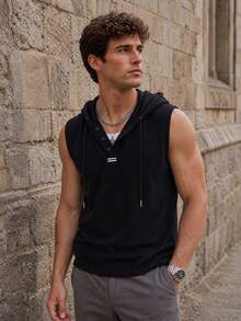 Men's Drawstring Hooded Casual Daily Wear Sleeveless Sweatshirt - Black - View 2