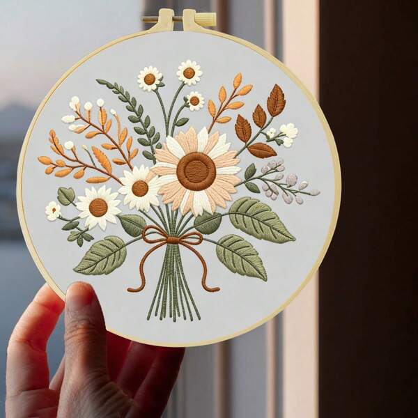 1PC 15*15cm/5.9*5.9in 20*20cm/7.9*7.9in,Beautiful Bouquet Embroidery Kit, DIY Handmade Embroidery Set For Adult Beginners, Home Gift, Women's Sewing Gift, Including User Manual, Printed Pattern Fabric, Embroidery Frame, Needle And Thread.
