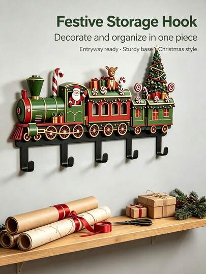 1pc Christmas Hook Storage, Christmas Decorative Storage Hook, Christmas Train Santa Claus Metal Wall Hook, Christmas Gingerbread Candy Cane Decorative Wall Rack, Multi-Hook Storage Organizer, Bedroom/Living Room Decorative Storage, Suitable For Kitchen, Bathroom, Entryway Door And Home Decor, Christmas/New Year/Holiday Party Decorative Storage Rack, Back To School, Housewarming Gift Essential, Best Choice For Holiday Gifts