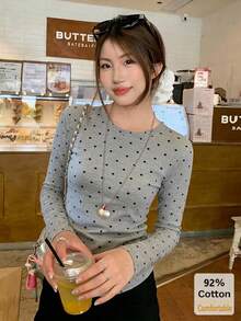 Women's Round Neck Polka Dot Casual Versatile Daily Commute Long Sleeve T-Shirt Vacation - Gray and Black Polka Dots - View 3