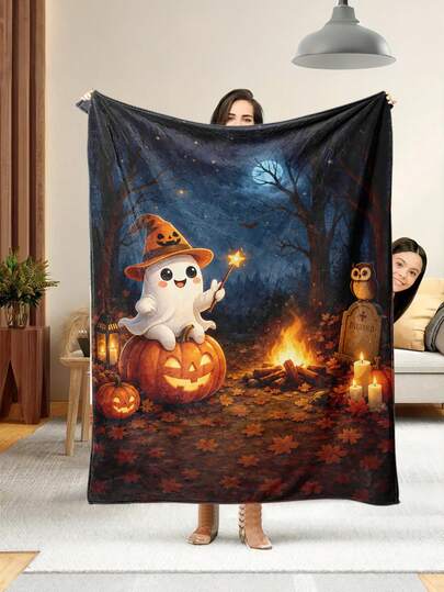 1pc Soft & Comfortable Halloween Flannel Blanket, 2D Printed Fleece Throw, Office Nap Blanket, Sofa & Bed Decorative Blanket, Outdoor Camping Leisure Blanket, Perfect Gift For Family & Friends