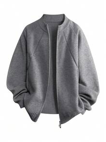 Vintage Minimalist Casual Ribbed Knit Cardigan Jacket With Zipper, Unisex Spring/Autumn Daily Versatile Commuter Style - Grey - View 2