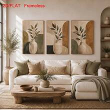3Pcs Unframed Boho Botanical Art Print Set, Neutral Earth Tone Vase Leaf Canvas Posters, Abstract Geometric Shape Wall Ornament, Modern Minimalist Decor For Living Room Bedroom - A - View 5