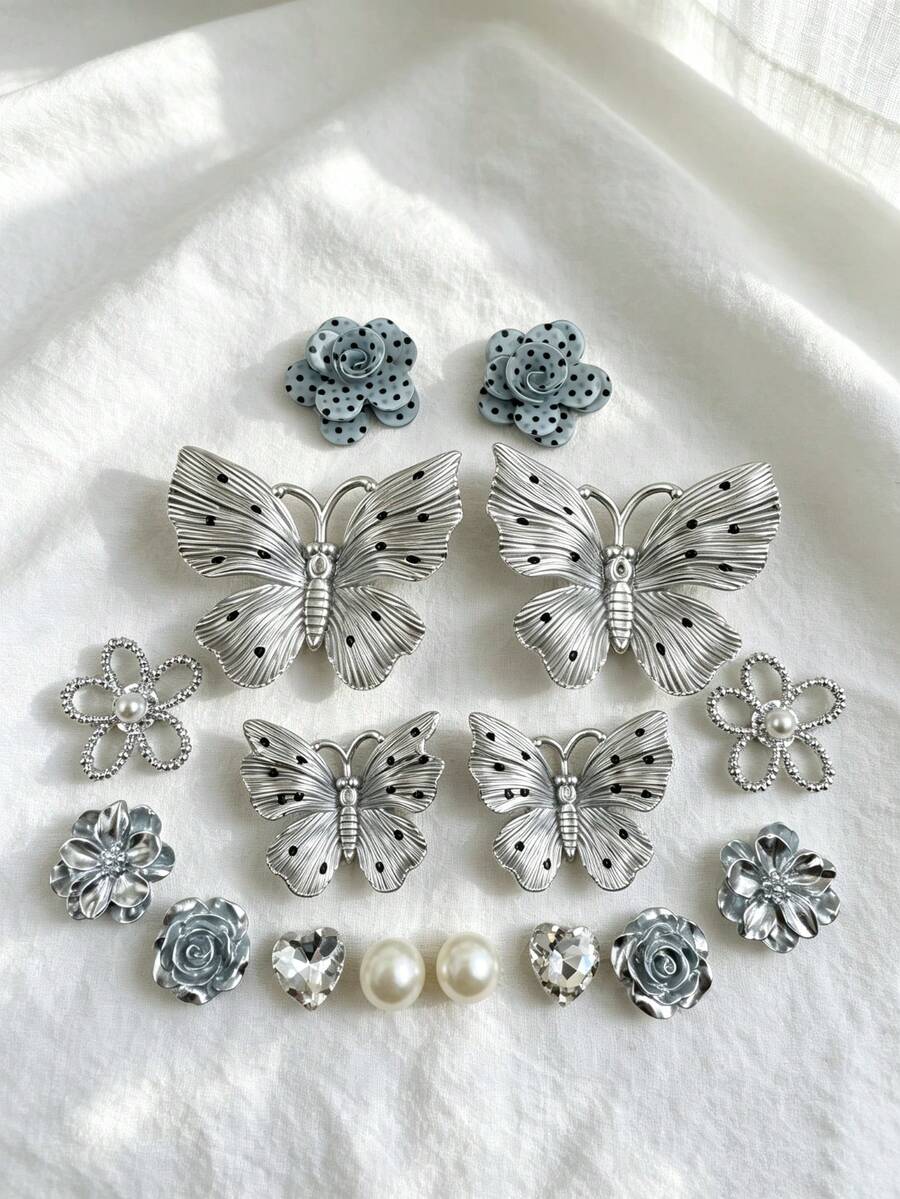 16pcs Insf Style Silver Gray Shoe Charms, DIY Polka Dot Large Butterfly Flower Heart Rhinestone Detachable Accessories, Multi-Functional Shoe Accessories, Suitable For Sandals, Slippers And Beach Bags - Multicolor - View 1