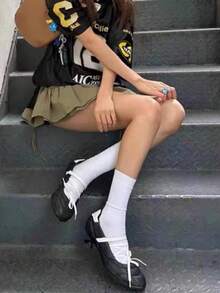 粉色小狗運動芭蕾風綁帶瑪麗珍鞋 女款夏季魔鬼氈小貓跟鞋 復古百搭圓頭鞋 - 黑色 - 查看 9