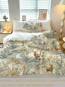 3PCS Watercolor Forest Deer Duvet Cover Set(1 Duvet Cover + 2 Pillowcases, Pillow Inserts Not Included), Birch Tree Stream Botanical Leaf Print Bedding Set, Soft Polyester Comforter Cover With Pillowcases, Nature Wilderness Themed Bed Linens - Multicolor - View 5