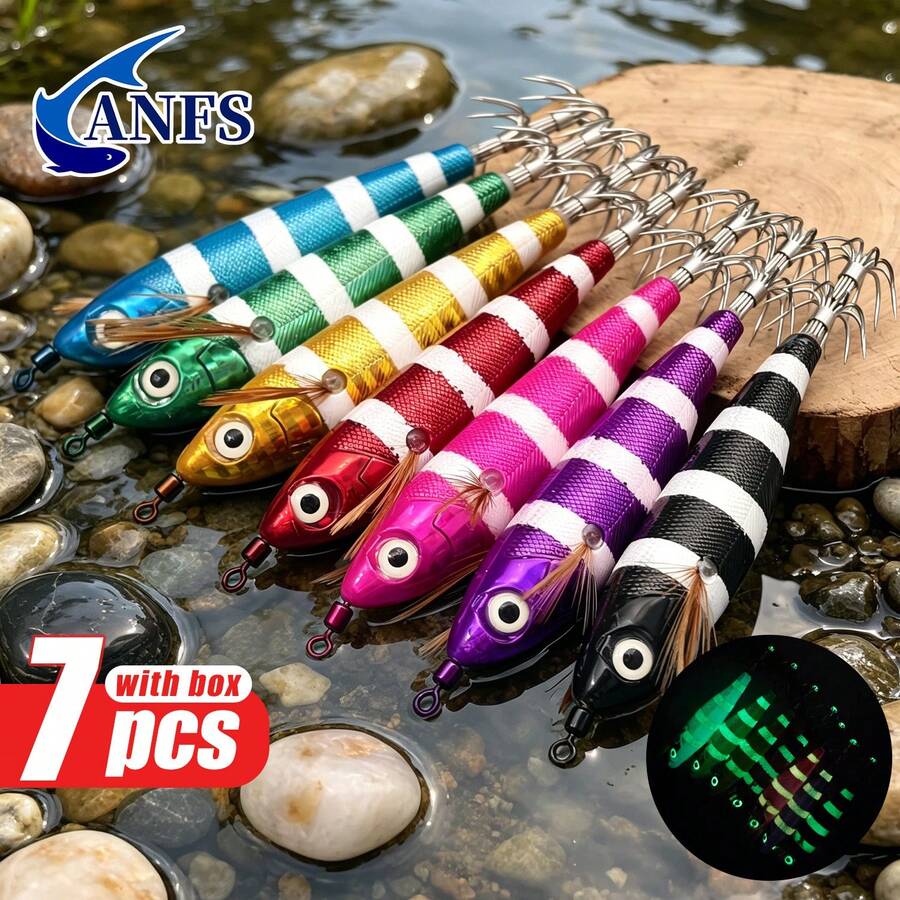 ANFS 7pcs Squid Fishing Lure Squid Jig, Artificial Fishing Bait For Octopus Cuttlefish, Shrimp Squid Hook, Saltwater Hard Bait