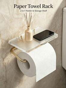 1PC/6PCS Tempat Tisu Toilet & Kotak Tisu 2-in-1 Gaya Mewah Ringan, Rak Gulung Tisu Dinding Akrilik Bening Motif Garis Vertikal, Batang Logam Emas Pengatur Kamar Mandi, Aksesori Dinding Serbaguna untuk Menaruh Ponsel dan Perlengkapan Toilet Kecil di Kamar Mandi - MultiWarna - View 2