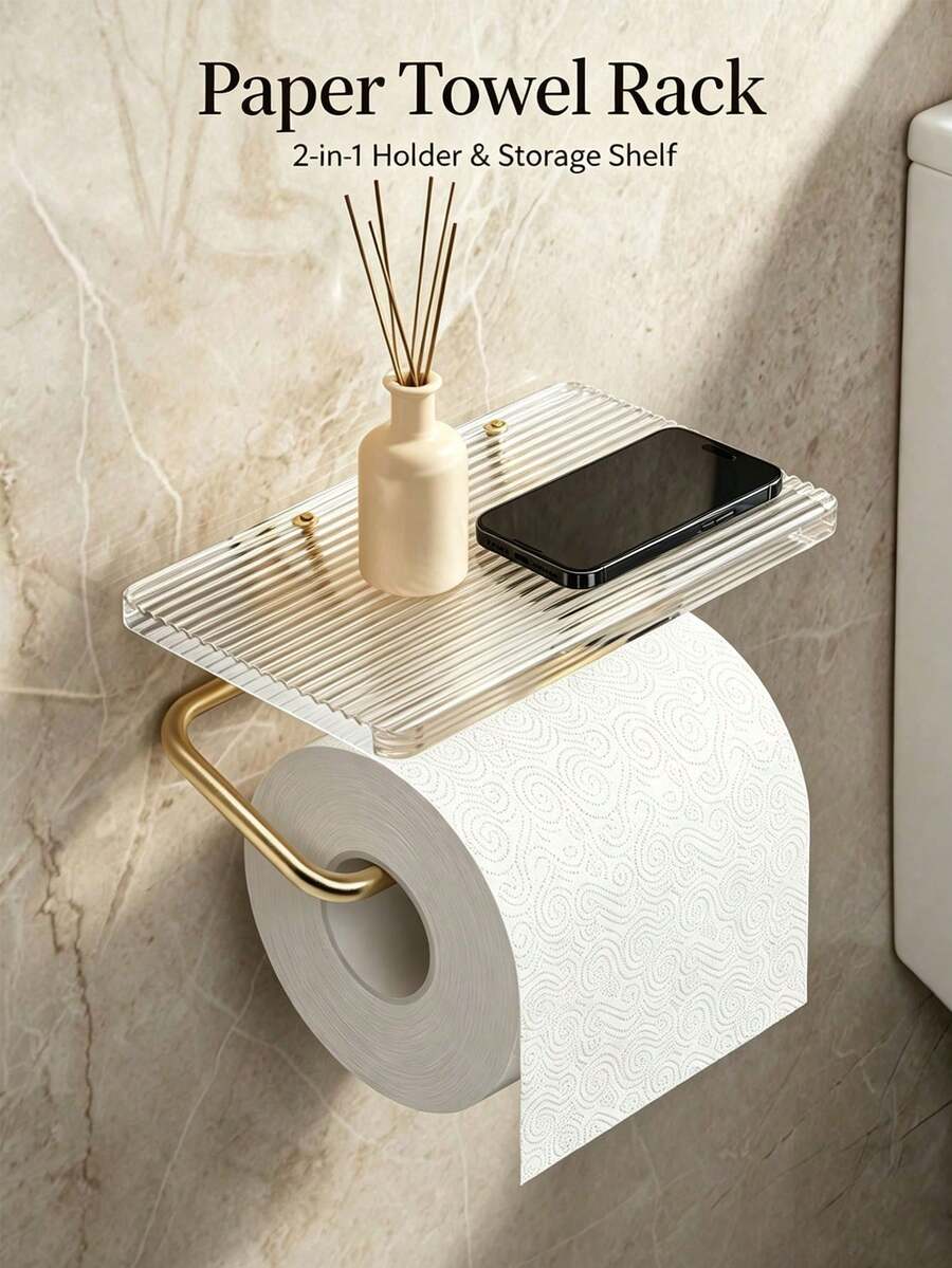 1PC/6PCS Tempat Tisu Toilet & Kotak Tisu 2-in-1 Gaya Mewah Ringan, Rak Gulung Tisu Dinding Akrilik Bening Motif Garis Vertikal, Batang Logam Emas Pengatur Kamar Mandi, Aksesori Dinding Serbaguna untuk Menaruh Ponsel dan Perlengkapan Toilet Kecil di Kamar Mandi