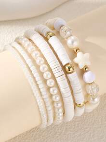 NAIZHU 5pcs/Set Gelang Manik-Manik Manis Warna Pink, Terbuat dari Tanah Liat Lembut, Liontin Hati, Ceri, dan Bintang, serta Mutiara Imitasi dan Karet Gelang. - MultiWarna - View 7