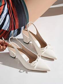 Pointed Toe Slingback Chunky Heel Pumps, Plus Size Wide Fit Elegant Evening Shoes For Women - Off White - View 3
