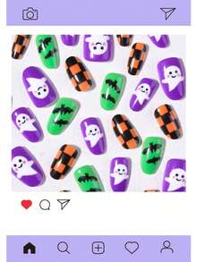 Halloween 30pcs Short Oval Press-On Nails, Bat, Ghost, Checkerboard Pattern Design, Acrylic Material Set Includes: 1pc Jelly Glue And 1pc Nail File - Multicolor - View 4