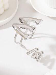 1 Set Exaggerated Fashion Design Metal Block Glossy Letter Open Adjustable Bracelet + 1 Piece Premium Letter Ring Jewelry Set, Casual, Party, Gathering, Perfect Holiday Gift For Friends, Sisters And Mothers - Silver Letter M - View 4
