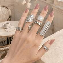 Bộ 6 nhẫn hở bạc vintage, nhẫn điều chỉnh được hình lá rộng phóng đại, chữ LOVE hình học, trang sức nữ phong cách Bohemian cá tính đeo hằng ngày và dự tiệc, có thể đeo nhiều nhẫn cùng lúc - Bộ 6 nhẫn - Xem 3