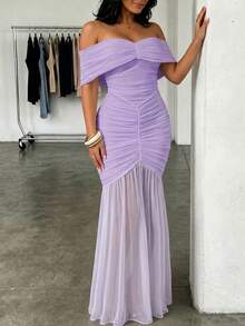 ChicMe Women's Folded Shoulder Cold Shoulder Ruched Waist Fitted Mermaid Dress For Evening Party - Mauve Purple - View 10