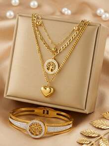 RAYQUEEN Stainless Steel Tree Of Life Heart Pendant 3-Layer Necklace And Rhinestone Bracelet Jewelry Set For Women, Suitable For Holiday Gifts - Gold - View 9
