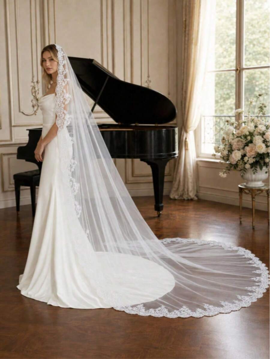 Upgraded Exquisite Comfort Style: Elegant Vintage Lace Bridal Veil, With Lace Ruffle Train, Suitable For Vienna Cathedral And Church Weddings, Halloween - Multicolor - - View 1