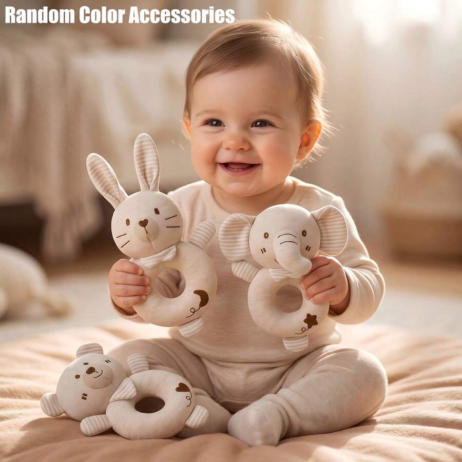 Soft Plush Baby Rattle Toy With Crinkle Sound, Neutral Bohemian Style Animal Hand Rattle, Animal Hand Rattle With Crinkle Tail, Montessori Sensory Learning And Fine Motor Skills, Soft Soothing Ring Toy, 0-3-12 Months Baby Boy Girl Newborn Gift