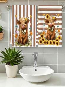 2pcs American Farm Style Highland Cow Print Towels, Brown & White Striped Sunflower Decor Kitchen Hand Towels, Soft & Absorbent Microfiber Towel Set, Suitable For Kitchen Decor, Dining Table Decor, Bathroom Decor, Warm Gift For Friends And Family - Multicolor - View 2