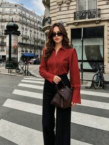 ELVA 女款秋季設計側拼接 3D 襯衫，適合派對、通勤、辦公、返校 - 酒紅色 - 查看 8