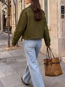 Women Fall Elegant Lapel Long Sleeve Jacket, Epaulet Button Cuff Cropped Loose Fit Daily Street Vacation Outerwear - Army Green - View 2