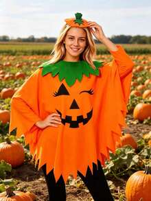 Halloween Pumpkin Costume, Adult Pumpkin Cape, Headpiece And Trick-Or-Treat Bag, Suitable For Halloween Role Play And Party "Trick Or Treat" Cute Outfit, Ideal Holiday Gift - Multicolor - View 10