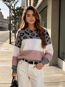 Women's Oversized Cute Colorblock Leopard Print Sweater, Casual Comfortable Ribbed Knit Crew Neck Long Sleeve Pullover Top Fall - Multicolor - View 2