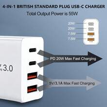 55W PD&QC 4-In-1 Fast Wall Charger UK Plug, 2USB-C+2USB-A Multi-Port Adapter, Compatible With IPhone 17/16 All Series And Models - UK Plug(220-240V) - View 4