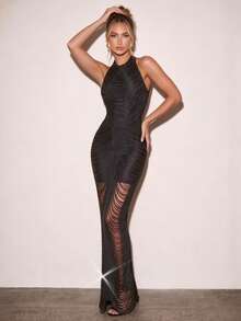 Women's Sexy Fashion Backless Halter Neck Bodycon Dress, Black Evening Party Dress For Autumn - Black - View 3