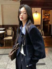 Women's Colorblock Single-Breasted Casual Versatile Daily Long Sleeve Jacket - Navy Blue - View 4