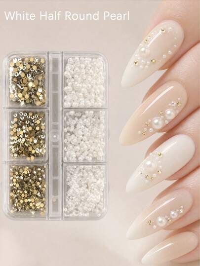 6-Grid White Half-Round Pearl Rhinestone Mixed Size Nail Art Decoration 3D Jewelry Nail Accessories DIY Nail Gems Nail Supplies