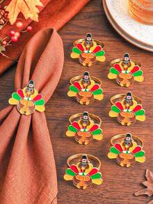 2/6pcs Thanksgiving Turkey Napkin Rings, Metal Turkey Napkin Holders, Autumn Harvest Table Decor, Cartoon Turkey Napkin Clips, Thanksgiving Dinner Party Table Decoration, Photo Props, Thanksgiving Gift - Multicolor - View 3