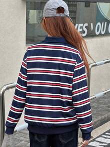 1pc Girls/Teen Girls Back To School Street Minimalist Striped Polo Collar Long Sleeve T-Shirt - Multicolor - View 4