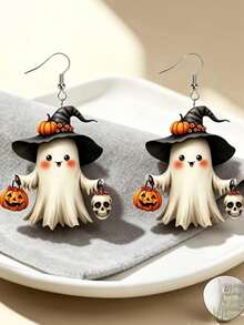 1 Pair 2D Flat Ghost Pattern Acrylic Earrings, Lightweight Cartoon Style Halloween Earrings, Perfect Fashion Halloween Gift For Girls And Women, Suitable For Any Occasion, Exquisite Gift For Halloween And Christmas - White - View 3