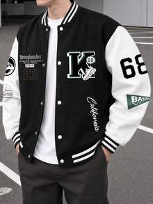 1pc Teen Boys Casual Versatile Street Fashion Letter Print Colorblock Zip-Up Baseball Jacket, Thermal Lined, Autumn/Winter - Black - View 9